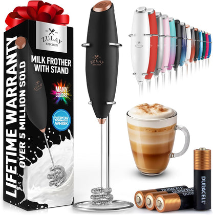 Zulay Kitchen Tornado Triple Whisk Milk Frother - Handheld Foam Maker for Coffee & Lattes - Black & Copper