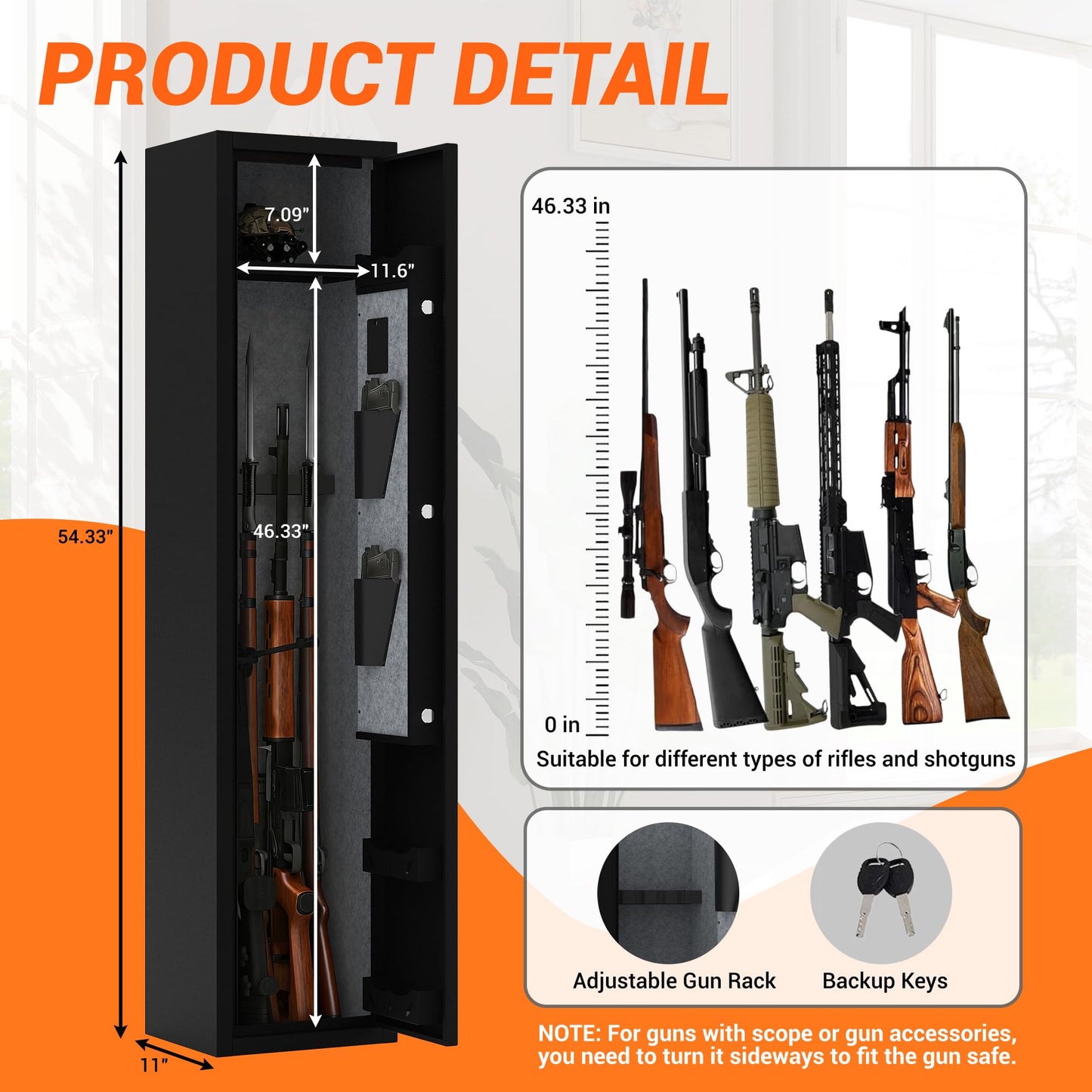 GarveeLife Heavy Duty Rifle & Pistol Safe with Quick Access Fingerprint Lock & Digital Backlit Keypad | Removable Shelves, Pistol Pockets, Dual Alarm | Home Security Gun Cabinet for Shotguns