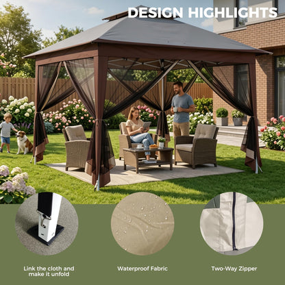 Solaroxy 10' x 10' Pop Up Gazebo Tent, Outdoor Screen Canopy Shelter, Instant Patio Sun Shade Gazebo Tent with 2 Tiers Roof & Mesh Netting for Garden, Lawn, Backyard, Party, Beige & Coffee