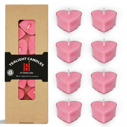 Tea Lights Rose Red Heart Tea Candles Set of 24 – Tealight Candles with Peach Scent, Long Burning Handmade Tealights for Wedding Meditation Home Decor Gift