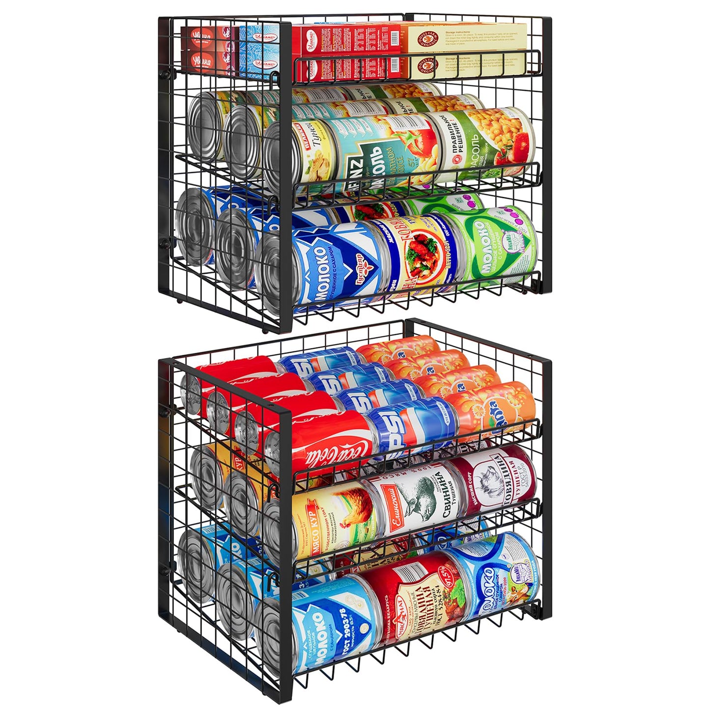 JKsmart 2-Tier Stackable Can Rack Organizer for Pantry, Adjustable Can Dispenser Holds Up to 62 Cans, Can Storage Holder for Various Ounces of Canned Food Soda Drinks, Black, 2 Pack (Petent Pending)