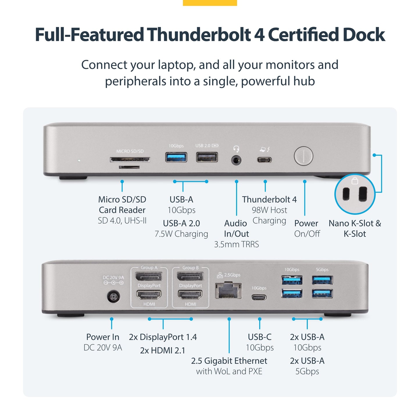 StarTech.com Thunderbolt 4 Dock - Dual 4K MacBook Pro and M4 Air, Quad Monitor 4K Windows, 16 Port 40Gbps Laptop Docking Station with 100W Charging, 2 x HDMI, 2 x DisplayPort (132N-TB4USB4DOCK)