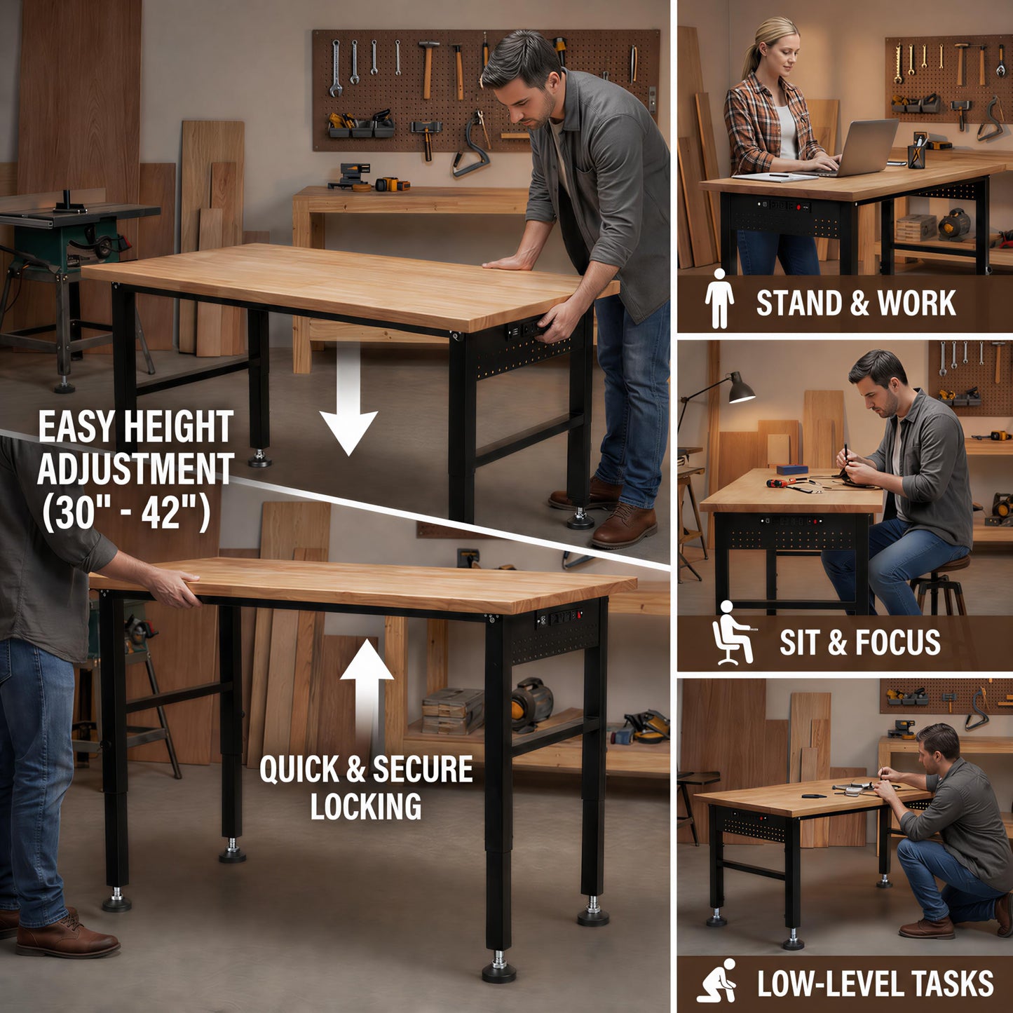 VUWIF 48" Workbench with Footpads, Adjustable Height Workbench with Rubberwood Top, Built-in Power Strip with 4 AC Outlets and 2 USB Ports, 2000 LBS Capacity for Garage, Workshop, and Home