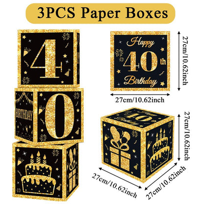 40th Birthday Decorations Boxes for Men- 3PCS Black Gold Happy 40th Birthday Balloons Boxes, 40 Year Old Party Supplies for Men Women