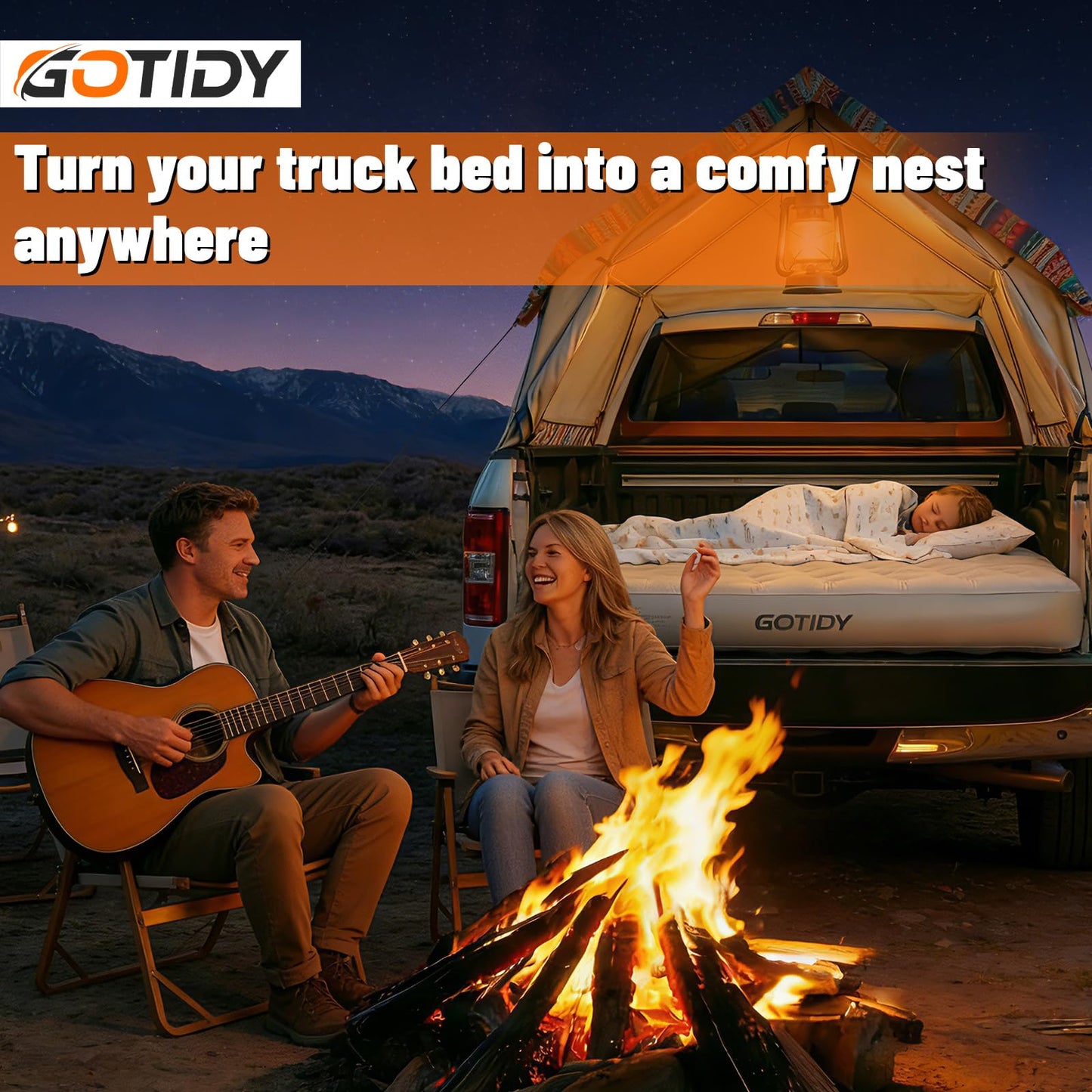 Comfortable Fabric Texture Truck Bed Mattress 5.5-5.8ft for Full-Size Pickup with extender, Truck Bed Air Mattress Customized for Tundra/ F150/ Silverado/ Ram1500, with Bult-in-Air Pump,Camping