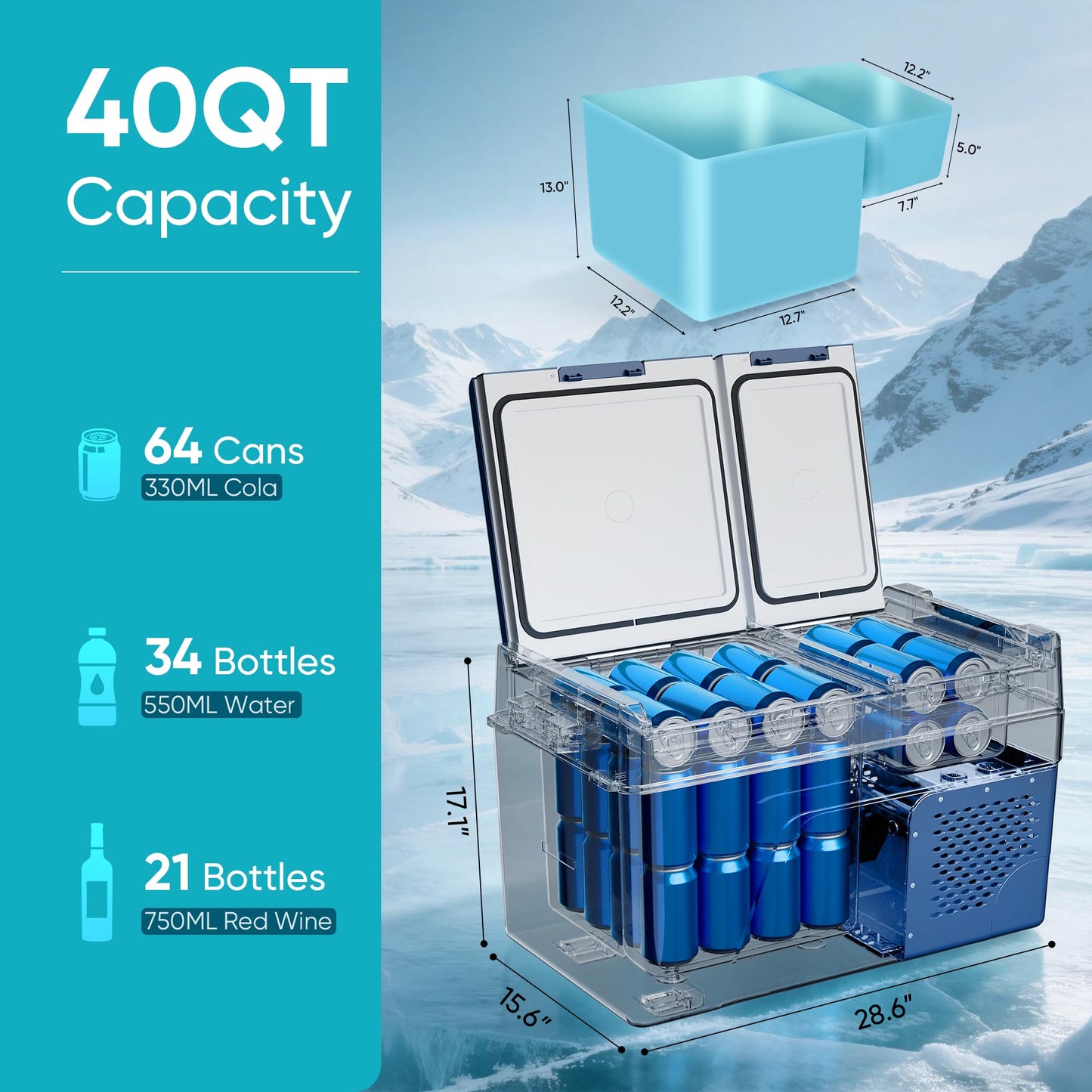 Feelfunn 12 Volt Refrigerator Electric Cooler - 40QT(38L) Dual Zone Portable Fridge, Car Fridge -4℉~68℉, Car Refrigerator 12/24V DC 100-240V AC, Portable Freezer for Travel Camping RV Home - Blue