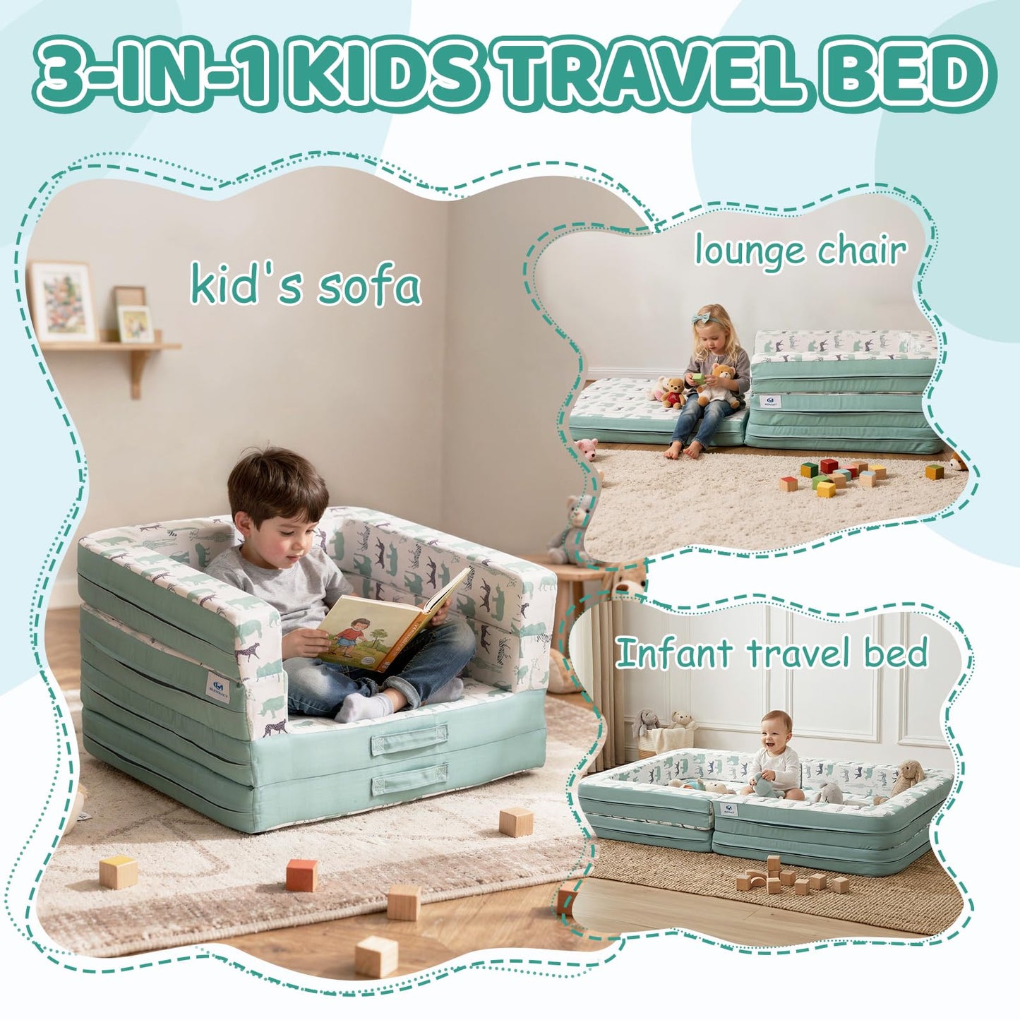 BLENNACY Toddler Travel Bed,Bunny-Shaped 3-in-1 Foldable Toddler Bed for Kids, Portable Toddler Cot with Washable Covers Soft Foam Raised Bumper for Naps,Lounger,and Little Sofa