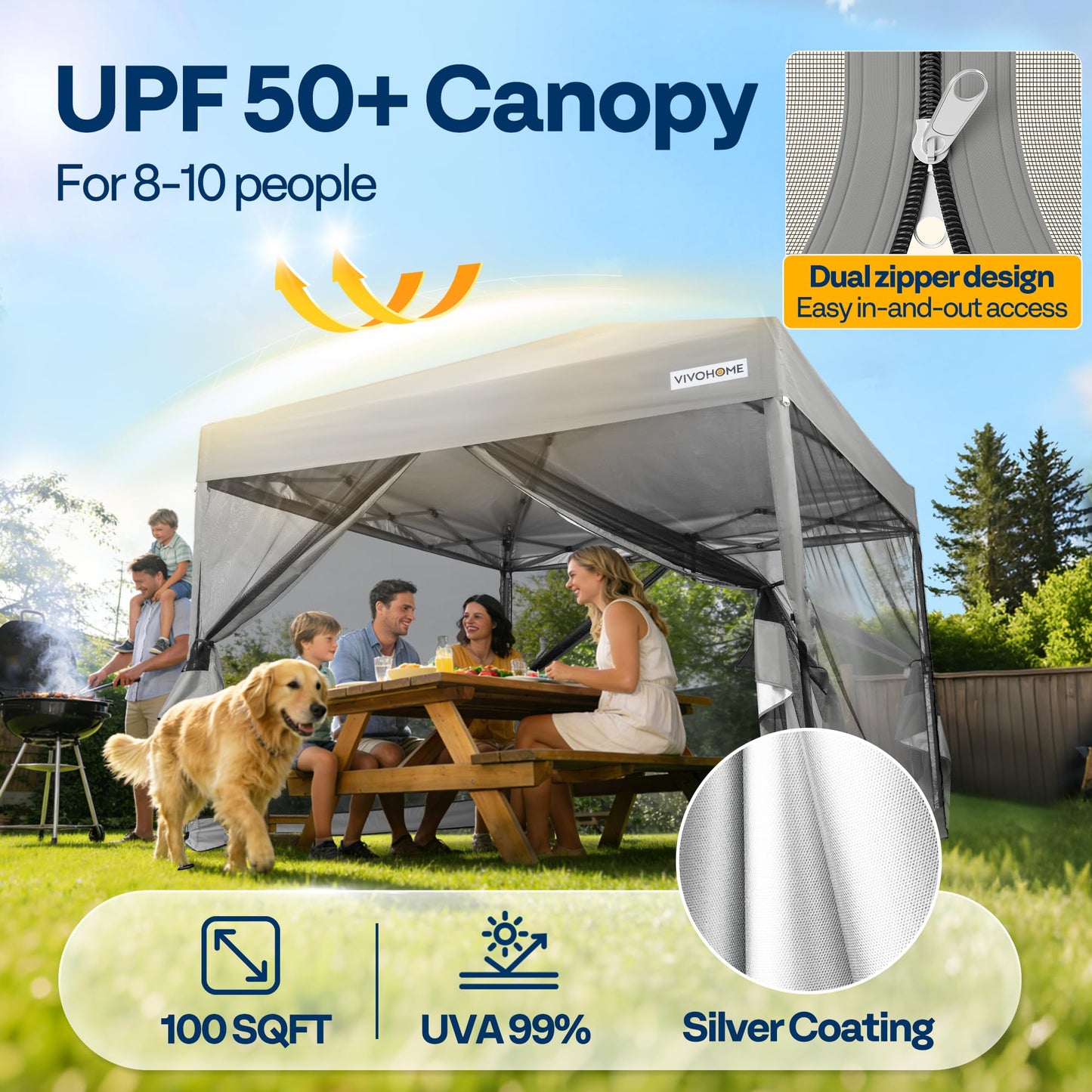 VIVOHOME 10x10ft Easy Pop-Up Canopy, Outdoor Screen Tent with Mosquito Netting, 2 Zipper Doors, and Roller Bag for Yard Camping Picnic Party Events, Grey
