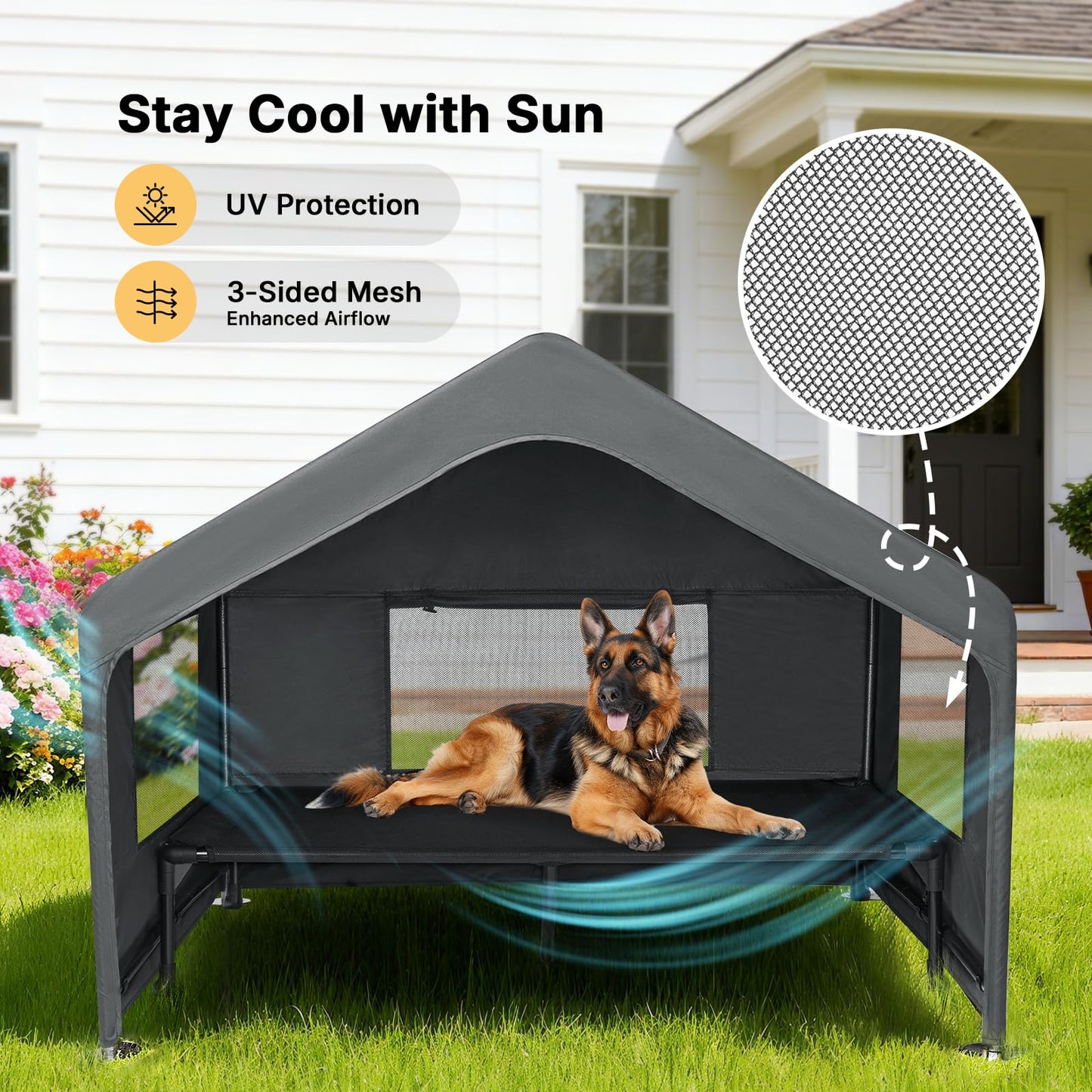 Veehoo Extra Large Dog House Outdoor with Elevated Dog Bed, Outside Dog Tent 4.1'x4.1'x3.3', Weatherproof Dog Shade Shelter and Raised Bed Combo for Pets or Stray Animals, Grey, CWC2530CP
