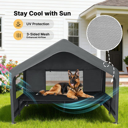 Veehoo Extra Large Dog House Outdoor with Elevated Dog Bed, Outside Dog Tent 4.1'x4.1'x3.3', Weatherproof Dog Shade Shelter and Raised Bed Combo for Pets or Stray Animals, Grey, CWC2530CP