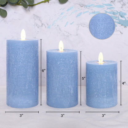 Seaglass Battery Flameless LED Candle, Silver Blue Flickering Pillar Timer, Remote Control, Unscented Real Wax