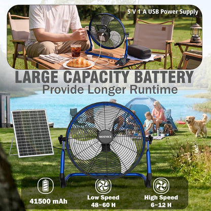 MOXNICE 18" Solar Rechargeable Floor Fan, 30W Cordless Solar Fan Outdoor, Portable Camping Fan, Hi-airflow, USB Output, Wireless, for Home Garage RV Camping Greenhouse