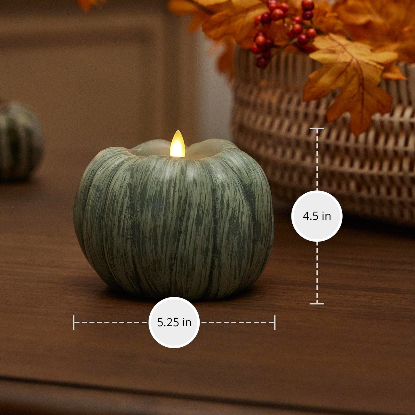Luminara Pumpkin Figural Flameless Flickering Moving Flame LED Candle (5.25" x 4.5"), Smooth Real Unscented Wax, Time Function (Iceberg Green)