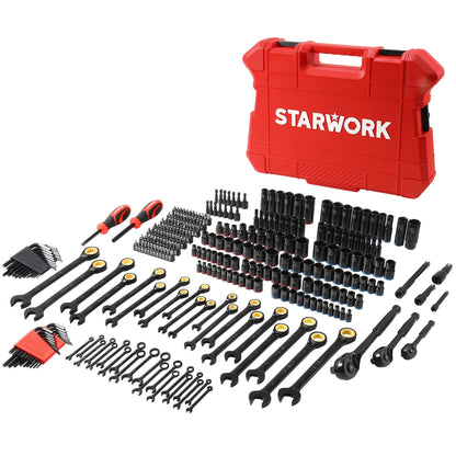STARWORK TRUE MECHANIC 303-Piece Mechanics Tool Set, 120-Tooth Ratcheting Wrench Set, 1/4", 3/8", 1/2" Drive, Professional, SAE/Metric