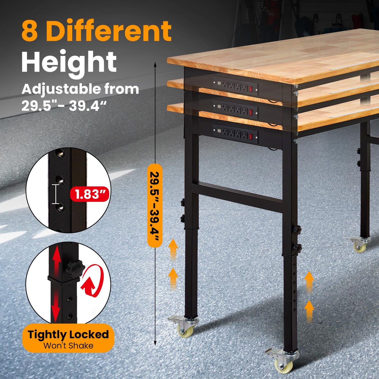60" x 24" Heavy Duty Workbench with ETL Power Outlet, 8-Level Height Adjustment (29.5"-39.4"), Rubberwood Top with 2000 Lbs Capacity, for Garage/Workshop/Home Office, Metal Casters & Pegboard