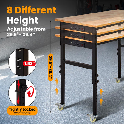 60" x 24" Heavy Duty Workbench with ETL Power Outlet, 8-Level Height Adjustment (29.5"-39.4"), Rubberwood Top with 2000 Lbs Capacity, for Garage/Workshop/Home Office, Metal Casters & Pegboard