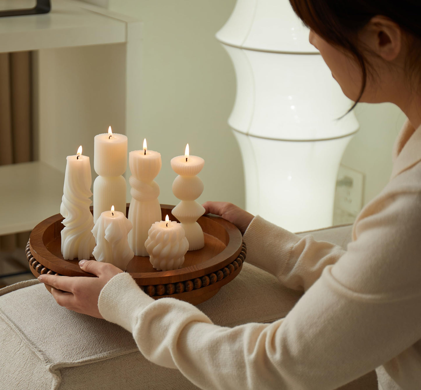 6 Pcs Small Handmade Ribbed Pillar Candle Set, Soy Wax Modern Home Decor for Living Room Bedroom, Aesthetic Table & Shelf Decor, Perfect Housewarming Gift (White, Small)