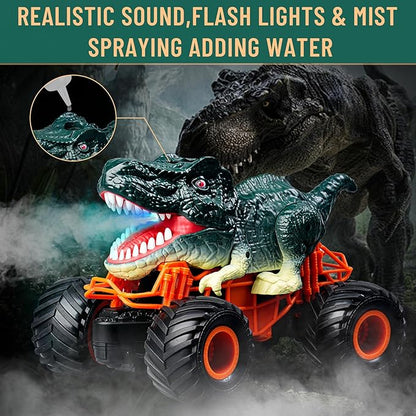Dinosaur Monster Truck Toys - Remote Control Dinosaur Car 2.4Ghz RC Truck with Lights Music &amp Spray - Electric Hobby RC Cars for Toddlers - Birthday Gift for Kids Boys Girls Ages 3-8 (Green)