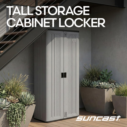 Suncast Tall Storage Cabinet for Garage Organization - 72" Freestanding Utility Closet with Shelving for Garden Supplies, Paint Cans & Outdoor Tools, Multi-Wall Resin Construction, Platinum