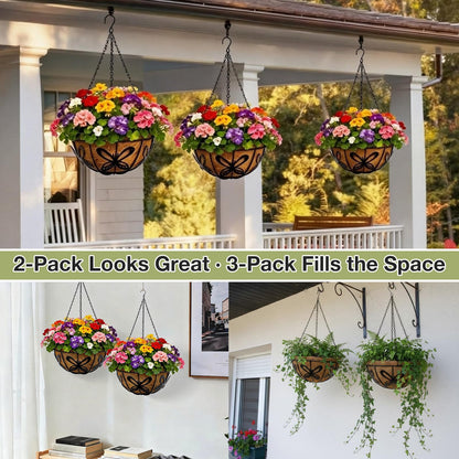 CRAYZA 14 Inch Hanging Baskets for Plants Outdoor, 3 Pack Metal Wire Hanging Planters with Coco Coir Liners, Rust-Resistant Flower Basket with Chains & Hooks for Garden Patio Porch Deck Balcony