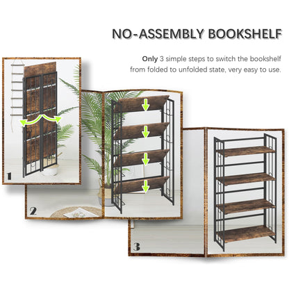 4NM No Assembly 4 Tiers Folding Bookshelf, 47.2" H Foldable Storage Shelves Vintage Bookcase Standing Racks Study Organizer Home Office - Rustic Brown Black