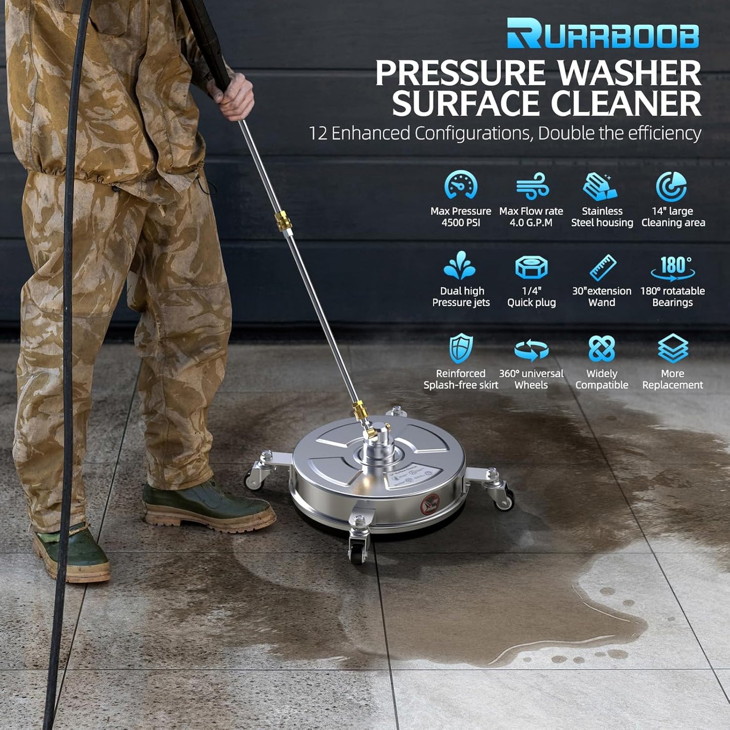 14" Pressure Washer Surface Cleaner - 4500 PSI, Durable 304 Stainless Steel, 4 Universal Wheels & 2 Extended Wands