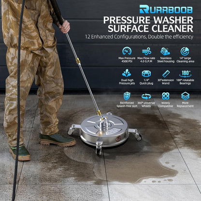 14" Pressure Washer Surface Cleaner - 4500 PSI, Durable 304 Stainless Steel, 4 Universal Wheels & 2 Extended Wands
