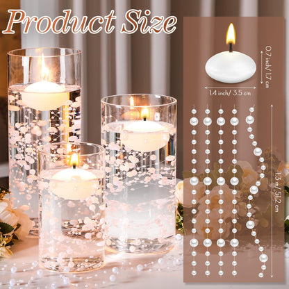 Fumete 40 Pcs White Floating Candles with Pearl Strings, Small Unscented Floating Candles for Wedding Centerpieces, Valentine's Day, Anniversary, Birthday, Elegant Home Decor