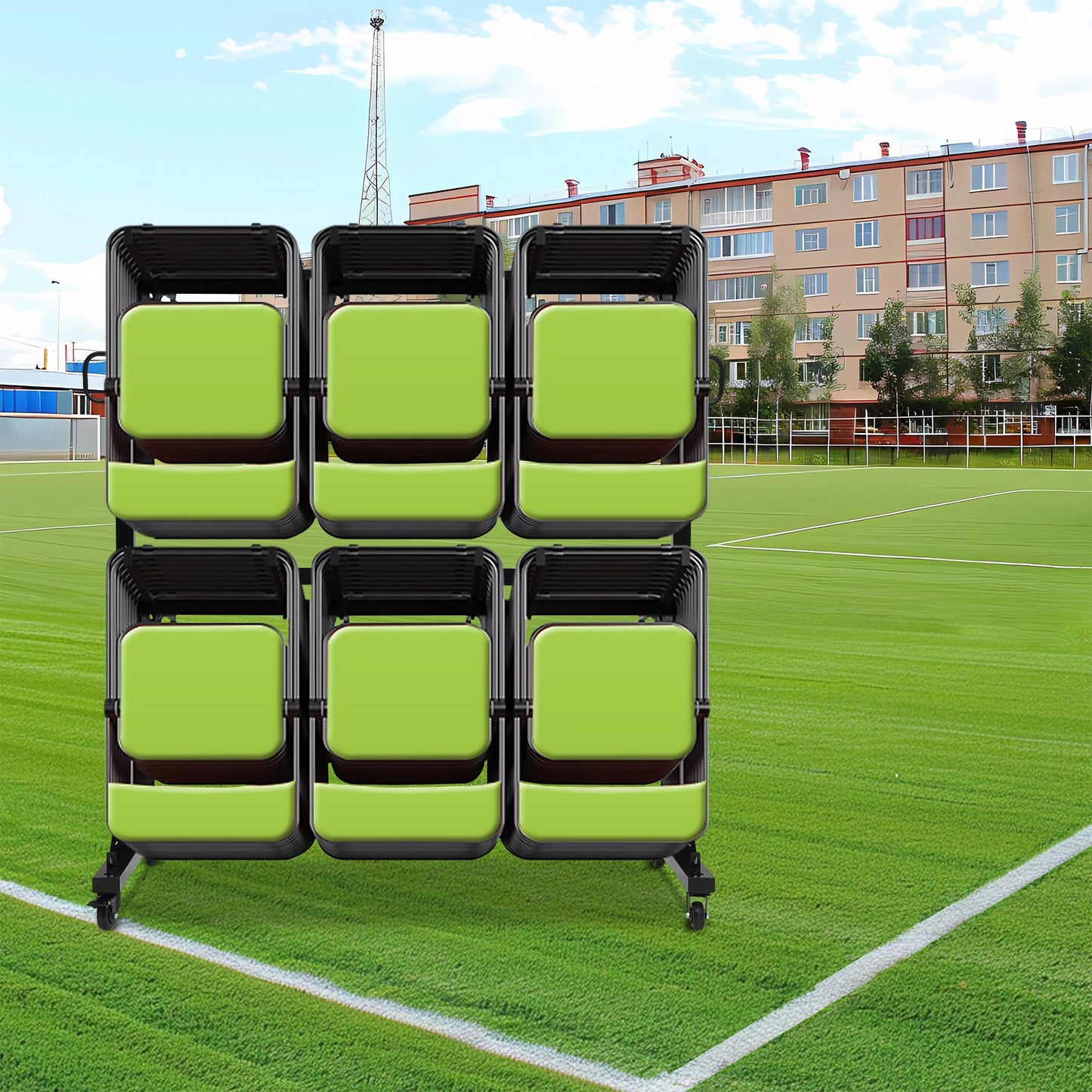 Folding Chair Cart Storage Rack on Wheels, Two-Tier 800Lbs Capacity Heavy Duty Adjustable Rolling Rack for 84 Chairs or 24 Tables, with Locking Wheels,Rain Cover,Elastic Cords Wheels, Straps, Black