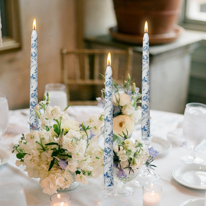 FLAMMUL Blue Floral Taper Candles Set of 2 – 10 Inch Decorative Printed Candlesticks, Smokeless Handmade Tapered Candles for Wedding Table Centerpiece, Dinner, Holiday Home Decor