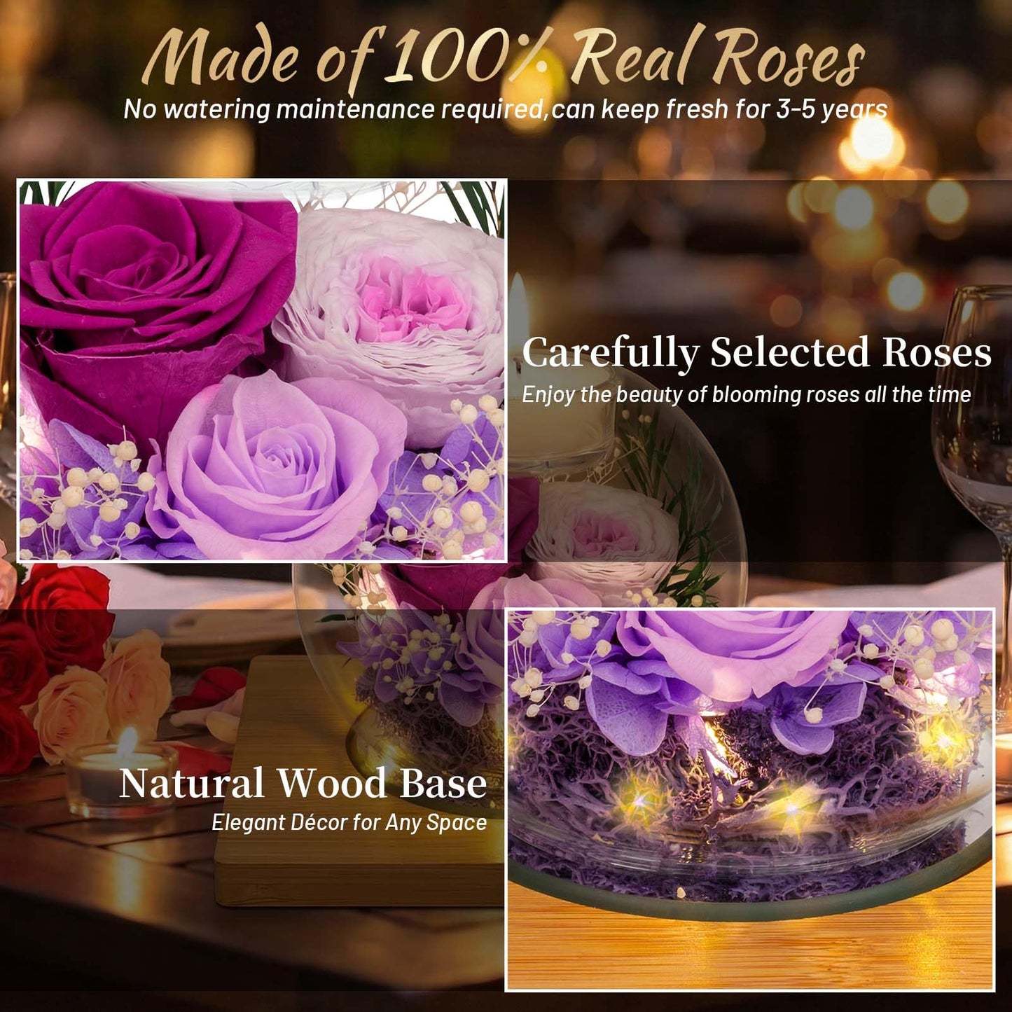 ENERLEAF Preserved Purple Real Rose in Glass with Scented Candles – Forever Flower Romantic Anniversary Christmas Birthday Valentines for Mom, Women, Wife, Girlfriend, Her, Grandma