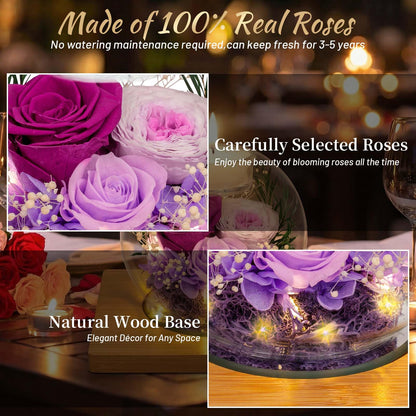 ENERLEAF Preserved Purple Real Rose in Glass with Scented Candles – Forever Flower Romantic Anniversary Christmas Birthday Valentines for Mom, Women, Wife, Girlfriend, Her, Grandma