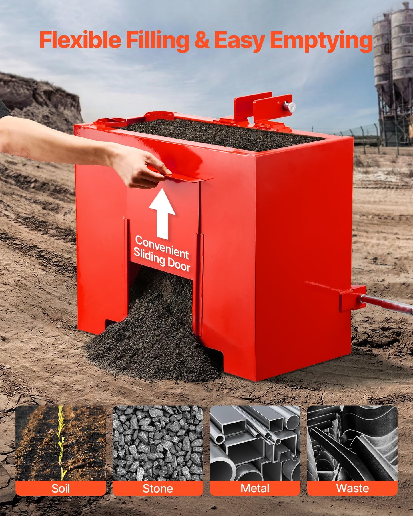 VEVOR Ballast Box, 3-Point Category 1 Tractor Ballast of 800 lbs Capacity, with Standard 2 Inch Hitch Receiver, Heavy-Duty Steel 3.2 ft³ Large Volume Durable Loader Attachment with Sliding Door, Red