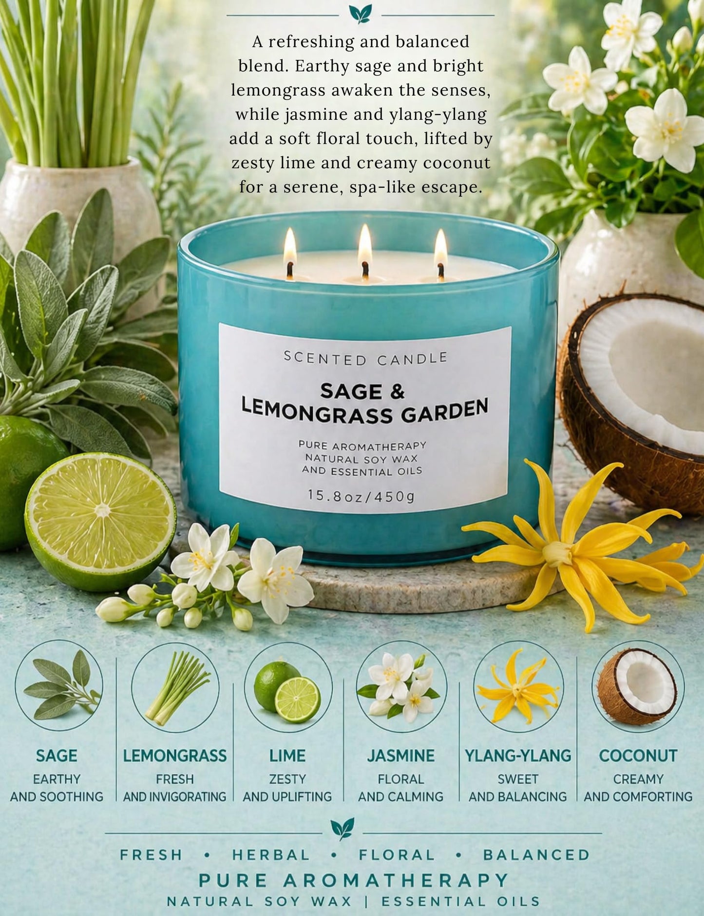 Sage Lemongrass Garden Scented Candle | 3 Wick Large Soy Candles for Home 15.8oz | Fresh Clean Herbal Citrus Candle | Long Lasting Clean Burn | Aromatherapy Stress Relief Gift for Women & Men