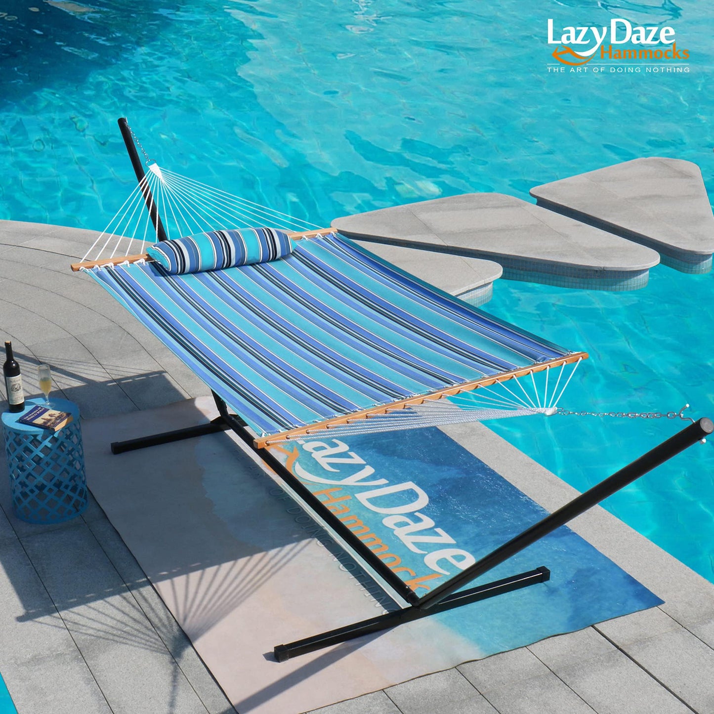 Lazy Daze Hammocks 12 FT Sunbrella Fabric Hammock Non-Fading with Spreader Bars and Free Pillow Fits for 2 Persons, All Weather and Fade Resistant for Patio Yard, 450 lbs Capacity, Dolce Oasis