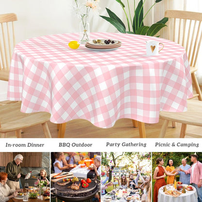 Mulbozy 2 Pcs Pink Gingham Round Tablecloth, 84 inches Disposable Plastic Pink and White Checkered Circle Table Covers for Baby Shower Wedding Bridal Shower Birthday Party Decorations