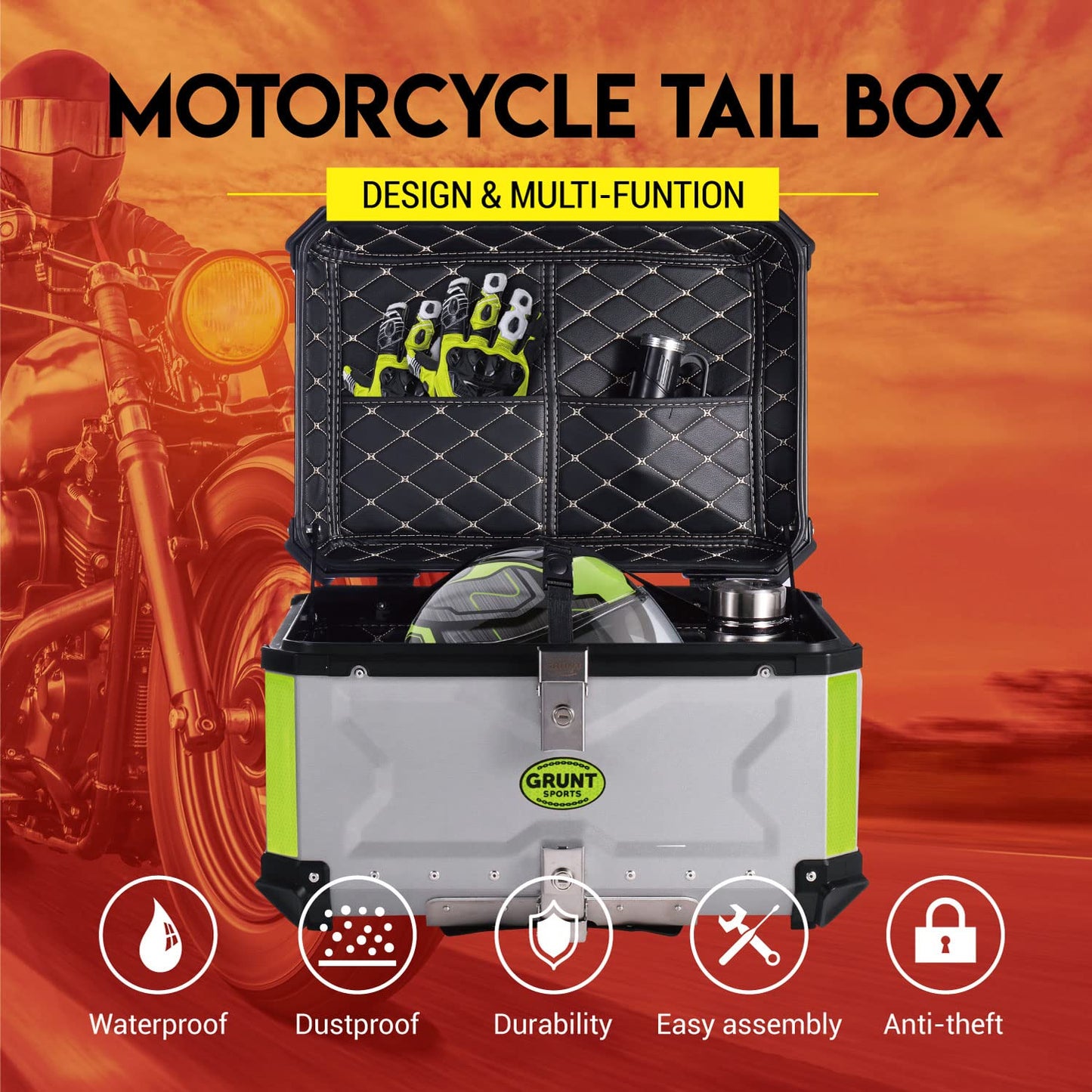 Letusto GRUNT SPORTS 65L Motorcycle Tail Box Top Case - Scooter Universal Storage Trunk – Waterproof Aluminum Luggage Tour Helmet Box with Security Lock - Includes Back Cushion (Silver, 65L)
