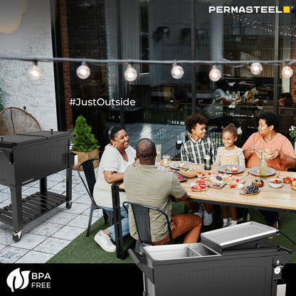 Permasteel Party Cooler with Divider, Spacious 80-Qt Capacity, Chills 36hrs, Serving Tray, Rolling Ice Chest for Indoor and Outdoor Entertainment, Matte Black