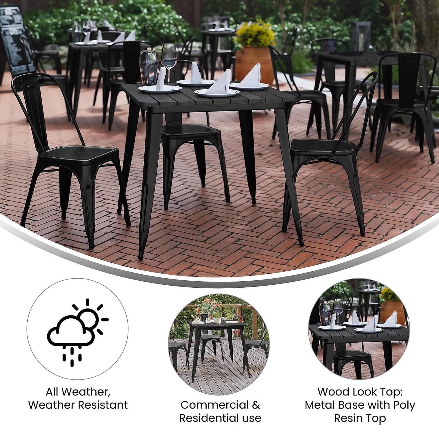 Flash Furniture Declan Commercial Outdoor Dining Table, All Weather Poly Resin Top with Steel Base, 31.5" Square, Black/Black