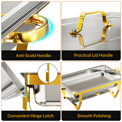IMXSUMDA 6 Pack Chafing Dish Buffet Complete Set, 9.5QT Large Rolled Edge Stainless Steel Food Warmer with Foldable Frame, Water Pan & Fuel Holder, Elegant Gold & Silver for Party, Wedding, Catering