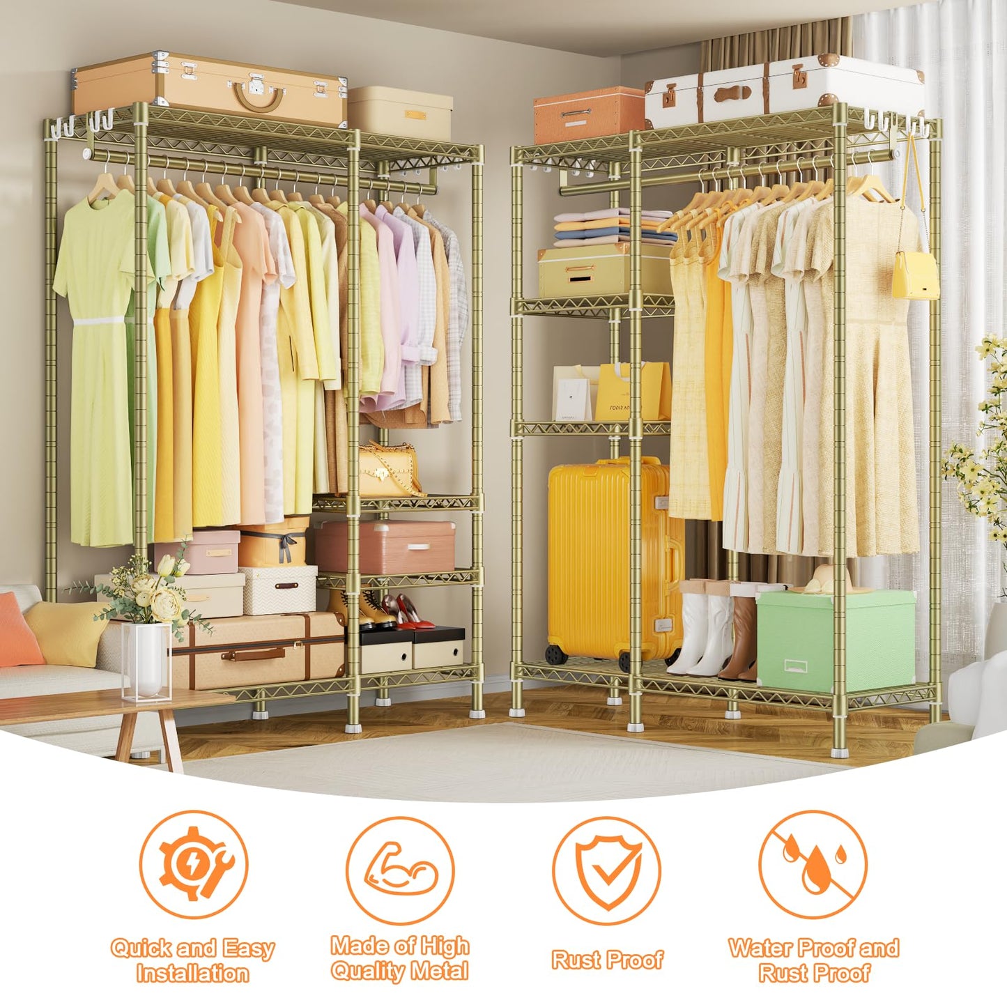 Ulif F4 Heavy Duty Clothes Rack (With Hanger Rod) Freestanding Clothing Racks for Hanging Clothes，Adjustable Closet Organizer System, Portable Garment Rack 45"W x 15.8"D x 71.3"H,Max Load 600LBS, Gold