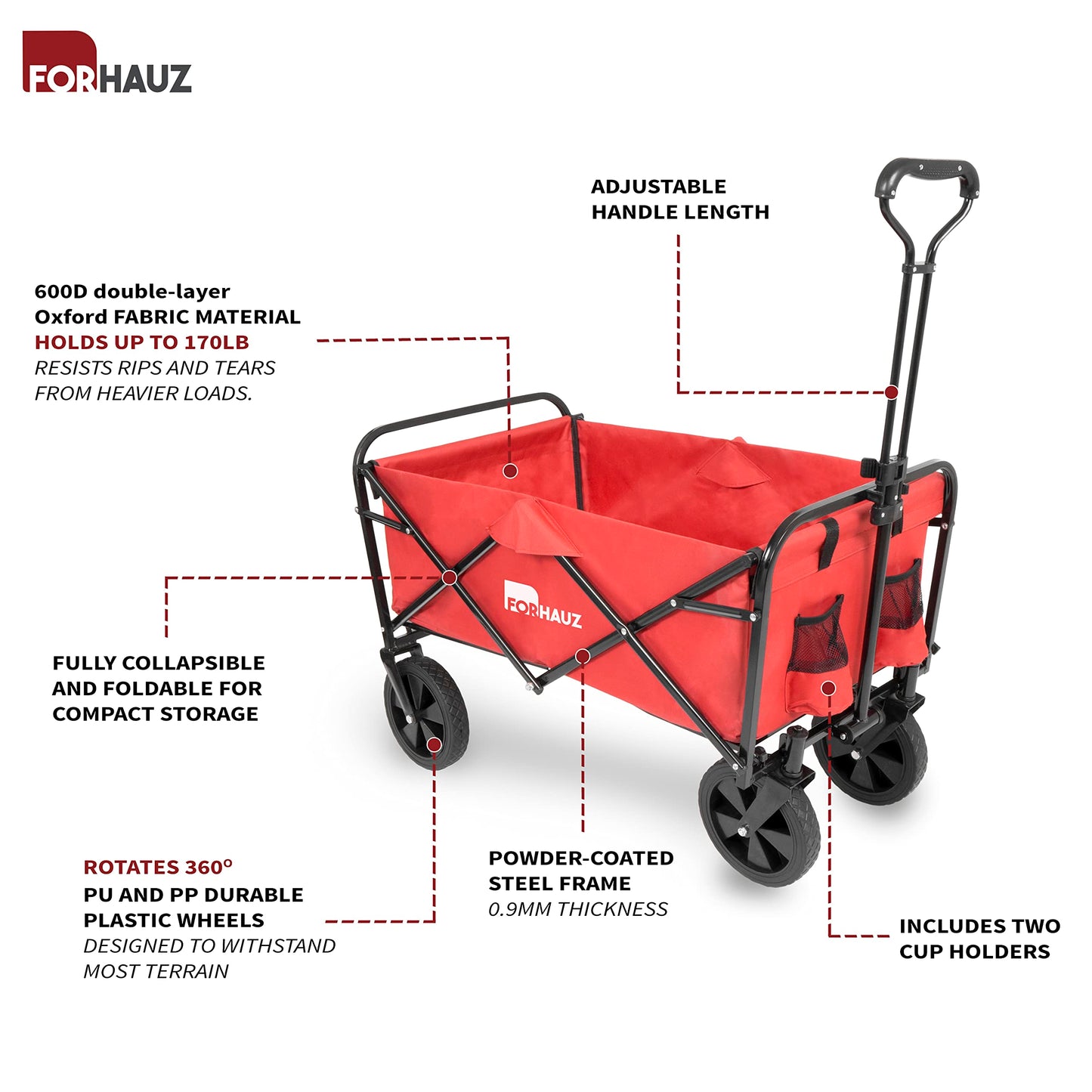 ForHauz Folding Collapsible Heavy Duty Wagon Cart with All-Terrain Wheels for Outdoor Utility, Beach and Garden, Red