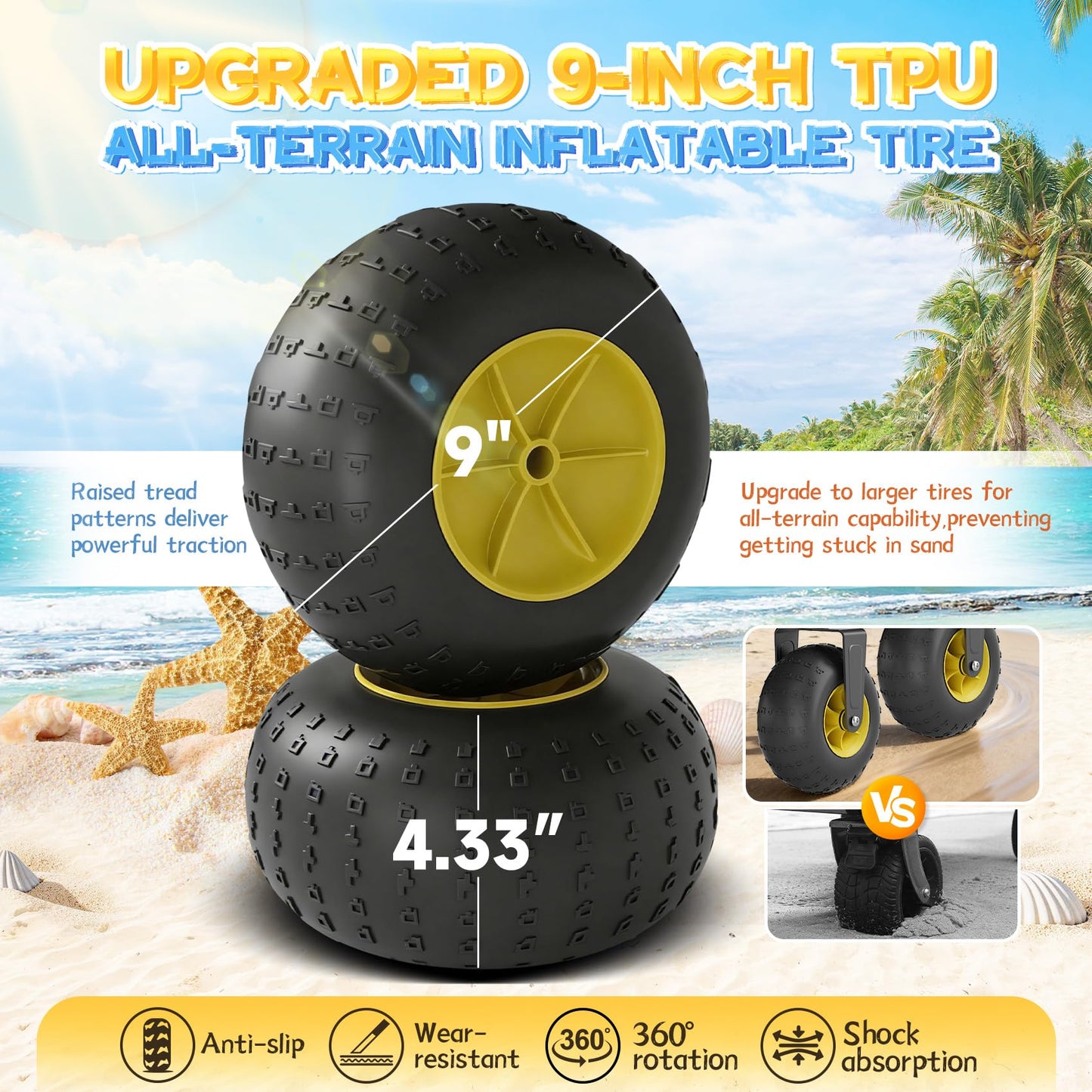 CAtArt Beach Wagon with Big Wheels for Sand, 400LBS Heavy Duty Foldable Wagons Carts, 9" All-Terrain PVC Inflatable Tires, Easy Storage for Beach, Grocery Shopping, Sports Camping (Black)
