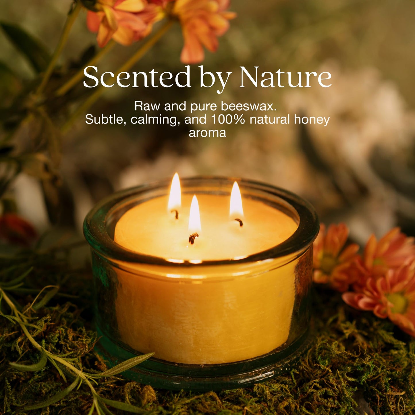 Bluecorn Beeswax 3-Wick Candle – Raw Unscented, 100% Pure Beeswax – 10oz Hand-Blown Recycled Spanish Glass – Non Toxic, Clean Burning, Refillable Glass Jar