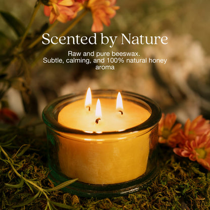 Bluecorn Beeswax 3-Wick Candle – Raw Unscented, 100% Pure Beeswax – 10oz Hand-Blown Recycled Spanish Glass – Non Toxic, Clean Burning, Refillable Glass Jar