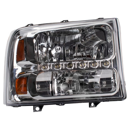 TRQ Performance Driver and Passenger Side Headlight Assembly Set Chrome Housing Clear Lens DRL Compatible with 99-04 Ford F-250 Super Duty 99-04 Ford F-350 Super Duty 00-04 Excursion