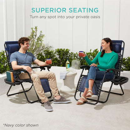 Best Choice Products Set of 2 Adjustable Steel Mesh Zero Gravity Lounge Chair Recliners w/Pillows and Cup Holder Trays - Gray