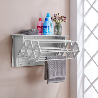 Danya B Accordion Clothes Drying Rack, Retractable, Wall Mounted Towel Rack and Hooks for Clothes and Towels for use in Laundry Room or Garage - White