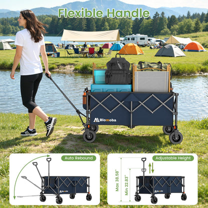 Collapsible Wagon Cart, 330LBS Heavy Duty Folding Cart with Wheels 360° Rotation, Built-in Brakes, Flexible Handle, Portable Utility Wagon for Grocery Sports Garden Shopping Camping, Blue