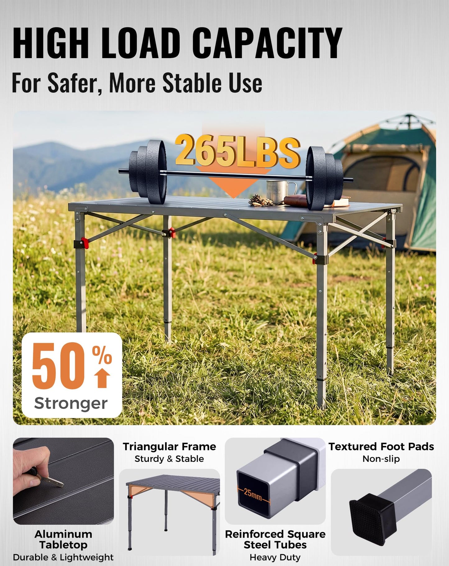 KingCamp Folding Camping Table Foldable Loads 265 Lbs, 42.1"× 27.6" Portable Table 3 Adjustable Height Aluminum Roll Up Camp Table with Carry Bag for Camping Picnic BBQ Backyard, Indoor & Outdoor